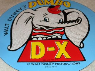 Vintage 1942 Walt Disney Dumbo D - X 11 3/4 " Porcelain Metal Dx Gasoline Oil Sign