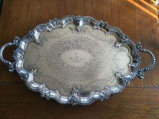 Large Victorian 30 " Heavy Hand Chased Silverplate Tray 2 Handled James Deakin