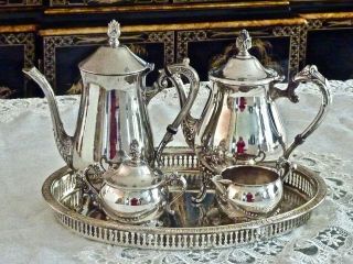 Exceptional Elegant Silver Plated Tea / Coffee Set On Silver Plated Gallery Tray