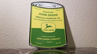Vintage John Deere Porcelain Gas Farm Equipment Quart Can Service Motor Oil Sign
