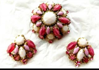 Schreiner Pink Rhinestone Brooch And Earrings Set