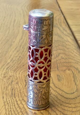 Victorian Pierced Hallmarked Silver Cranberry Glass Scent Bottle & Stopper 1900