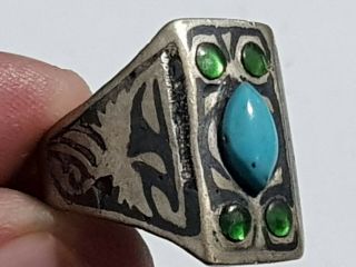 Exeptional Rare Late Medieval Silvered Ring Rare Stones 8,  9 Gr 20 Mm
