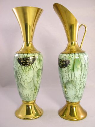 Vintage Set Of 2 Brass Porcelain Vase & Pitcher Marked Old Dutch Delft Portugal