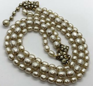 Vintage Signed Miriam Haskell Triple Strand Faux Pearl Necklace
