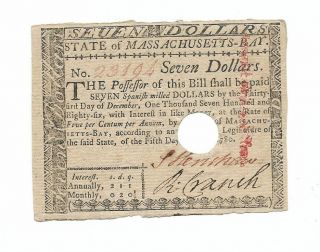 Orig.  State Of Massachusetts Bay Colonial Note " Seven Dollars " 1780