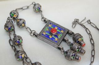Vintage Middle Eastern Sterling Silver Berber Enamel Dangle Statement Necklace