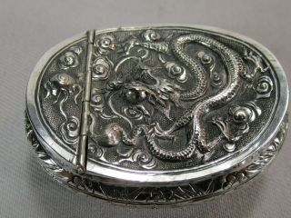 Very Rare Chinese Pure Silver Hand Chased Snuff Box With Dragon & Sun