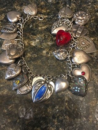 Vintage 1940’s Sterling Puffy Heart Charm Bracelet: 24 Puffy Heart Charm (s)