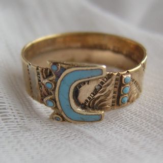 Unusual Victorian Gold Plated Turquoise Blue Enamel Crown Buckle Ring Dated1888