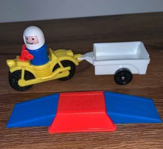 Vintage Fisher Price Little People Motorcycle 634,  Rider,  Ramp,  Trailer,  Last One