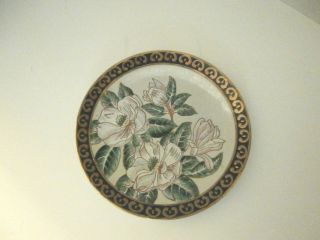 Vintage Asian Hand - Painted Display Plate Multi - Color Floral Black & Gold Edge