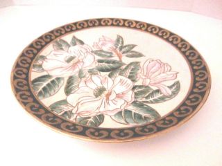 Vintage Asian Hand - Painted Display Plate Multi - color Floral Black & Gold Edge 3
