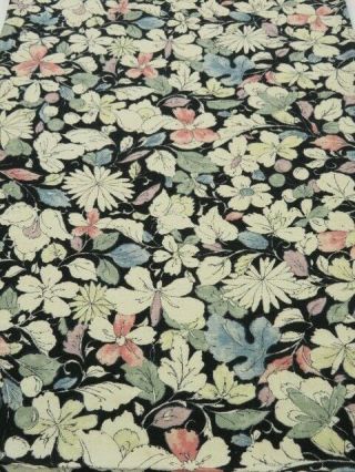 3e06z70 Vintage Japanese Kimono Silk Fabric Black Flowers 55.  9 "