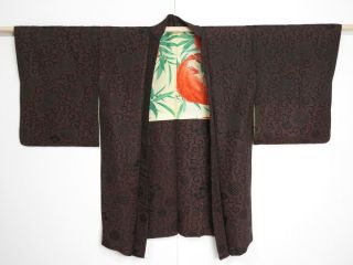 1216s10z520 Vintage Japanese Kimono Silk Urushi Haori Black Karakusa