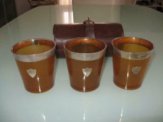 Antique Set Of 3 Scottish Sterling Silver Horn Beakers In Leather Case.