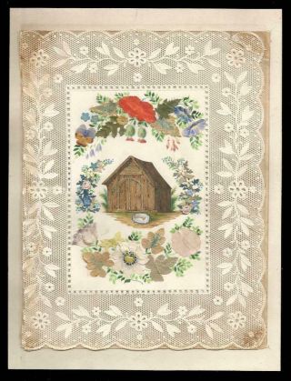 W70 - Large Victorian Paper Lace Valentine Card - Addenbrooke - Dog In Kennel