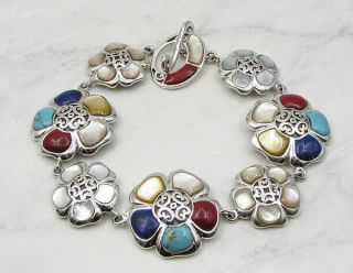 925 Sterling Silver - Multicolored Stones Floral Ornate Chain Bracelet - B1059