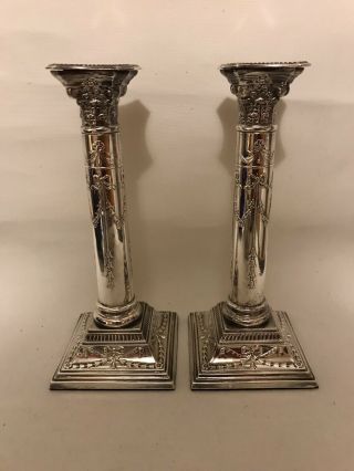 Pair 19th C English Silver Corinthian Column Victorian Edwardian Candlesticks