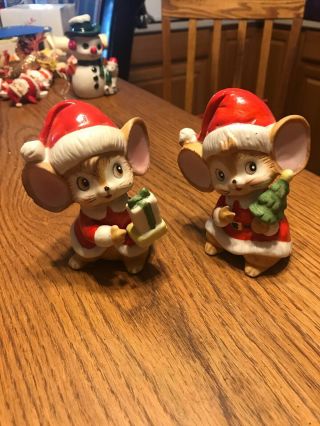 Vintage Homco 2 Santa Mouse Ceramic Christmas Figurine Mice