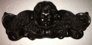 Old Vintage Cast Iron Metal Cherub Head Wings Wall Hanging Plaque Approx 9” Wide
