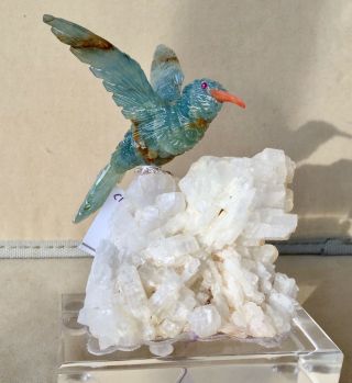 Blue Calcite Hummingbird On Albite Crystal Base 5  - Peter Muller
