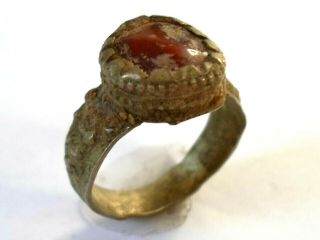 ,  Detector Find,  Post Medieval Bronze Ring With Red Glass/stone