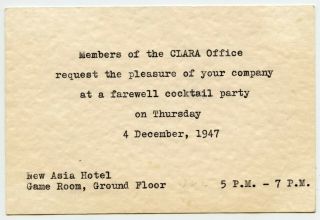 Farewell Party At Asia Hotel Invitationto Canada Consul Shanghai China 1947