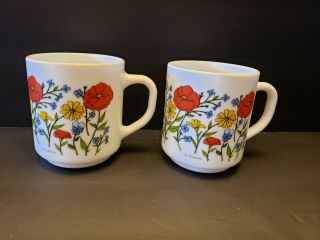 2 Arcopal White Glass Poppies Wild Flowers Coffee Cup Mug R.  Carman France