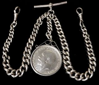 Antique George V 1917 Solid Silver Double Albert Watch Chain & Silver Coin Fob