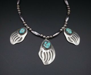 Vintage Navajo Turquoise Sterling Silver Bear Paw Bib Necklace 15 " Ns1479