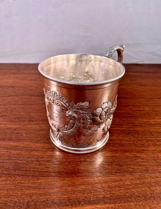 H.  B.  Stanwood Boston Pure Coin Silver Handled Cup Or Mug: Repousse 1845 - 60
