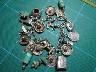 Vintage Sterling Silver Charm Bracelet Fred Harvey Turquoise Mexico Sombrero