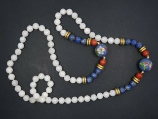 Vintage Chinese Export Cloisonne Lapis And 8mm Quartz Beads Necklace 30 "