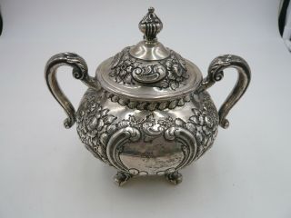 Fisher Sterling Silver Repousse Hand Chased Footed/handled/lid Sugar Bowl Marked