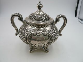 Fisher Sterling Silver Repousse Hand Chased Footed/Handled/Lid Sugar Bowl Marked 2