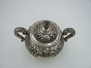 Fisher Sterling Silver Repousse Hand Chased Footed/Handled/Lid Sugar Bowl Marked 3