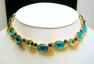 Trifari Tm Gorgeous Blue Green Glowing Acrylic Cabochon Necklace Gold Tone