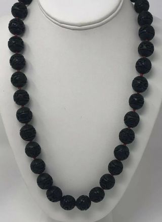 Vintage Chinese Export Carved Black Cinnabar Necklace Strand Filigree Clasp