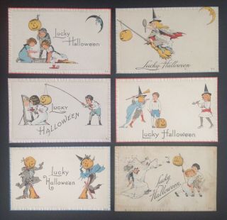 Vintage Nash Halloween Postcards - Set Of 6 - Series 8 - A - Children,  Crimped Borders