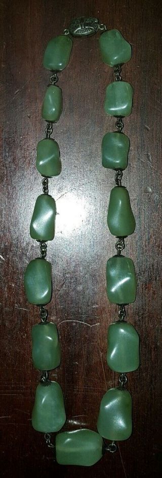 Chinese Export Chunky Green Jade & Sterling Silver Vintage Necklace China C.  1930