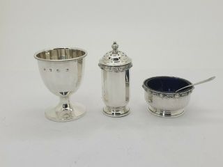 Set Of 3 Solid Silver Pepper Pot Open Salt & Egg Cup Holder Adie Brothers Ltd
