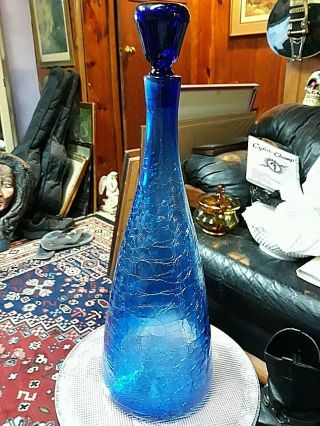 Vintage Blenko Blue Crackle Glass Decanter 19 " Tall Gorgeous & Rare