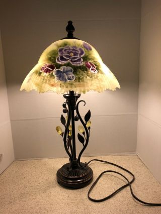 Vintage Dale Tiffany Reverse Painted Glass Shade Flowers Brown Metal Base Lamp