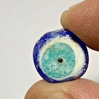 Ancient Phoenician Sandcore Formed Mosaic Glass Bead With Evil Eye 1.  8gr 13.  2mm