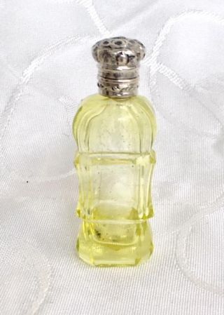 Antique French Miniature Uranium Glass Perfume Scent Bottle Silver Lid C1880