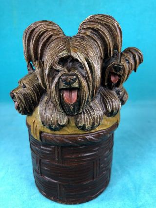 Anri Italy Wood Carving Of Skye Terrier Dogs On Cigarette Box