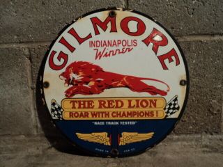 Old Vintage 1952 Gilmore Gasoline " The Red Lion " Porcelain Enamel Gas Pump Sign