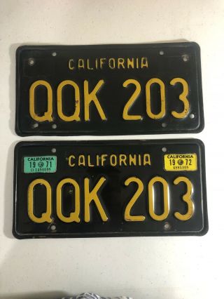 Vintage 1963 California License Plates,  Black & Yellow Qqk 203