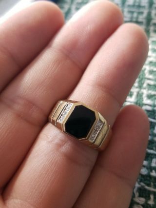 Lovely Mens/womens Vintage 10k Solid Gold Ring With Onyx & Diamond Sz 10